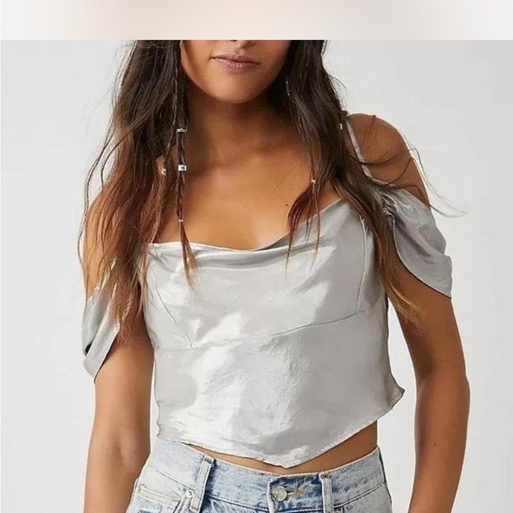 Free People Silver Satin Cold-Shoulder Crop Cami
